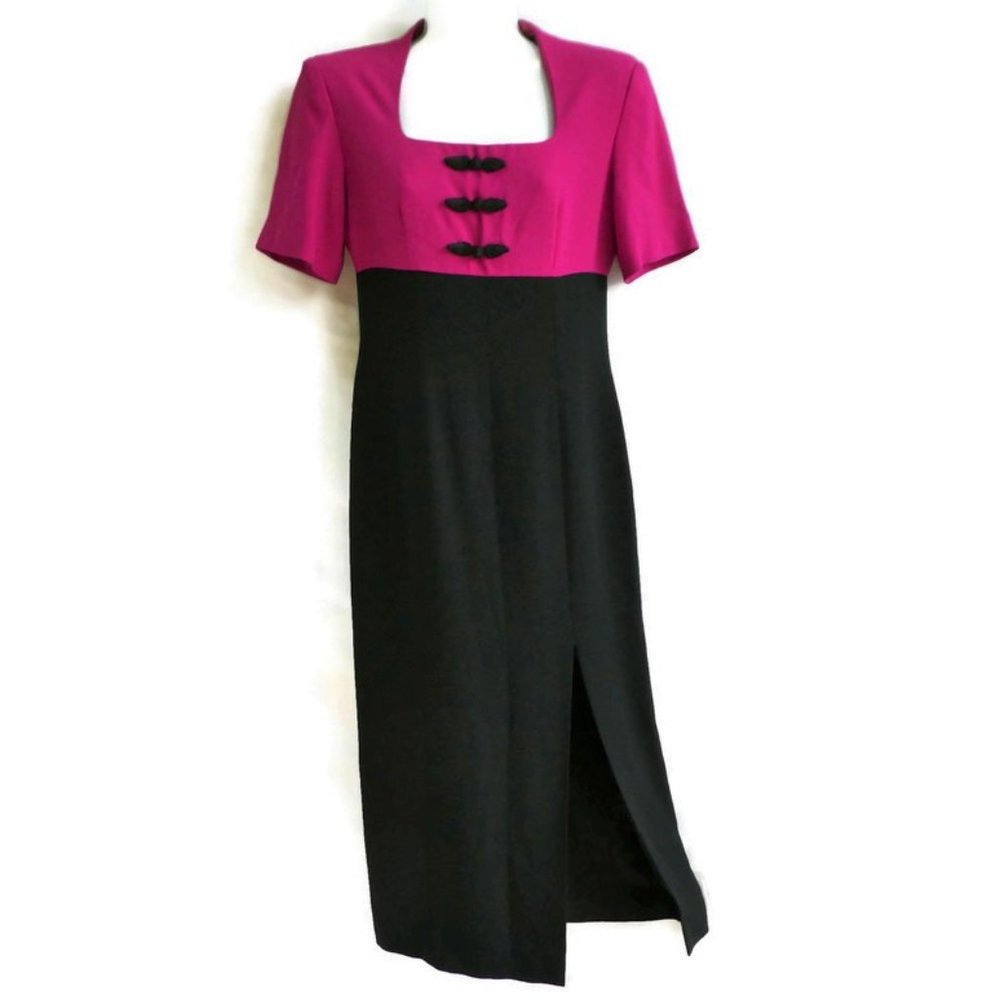 Vintage Dress Liz Claiborne Career 80s Empire Square Neck Long Fuscia Black Frog